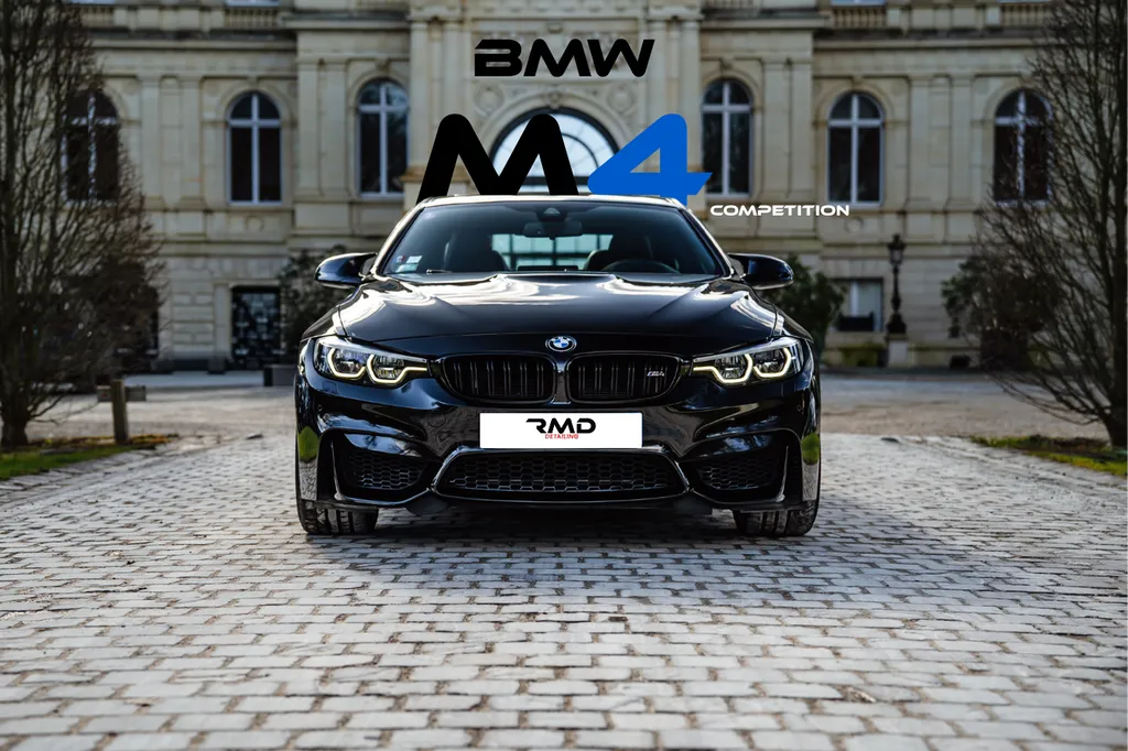 Traitement céramique carrosserie et vitres avec nettoyage intérieur complet pour BMW M4 Competition réalisé proche de Val d’Europe