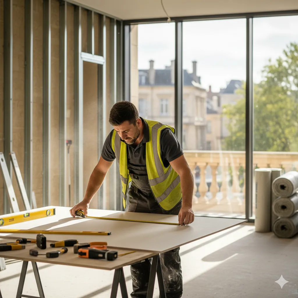 Un plaquiste appliquant l'enduit sur les bandes à joints d'une cloison récemment posée sous une pente de toit, illustrant les finitions dans un comble en cours d'aménagement à Bordeaux.