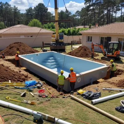 Installation d'une piscine coque familiale à fond plat à Sanguinet avec aloha Piscines