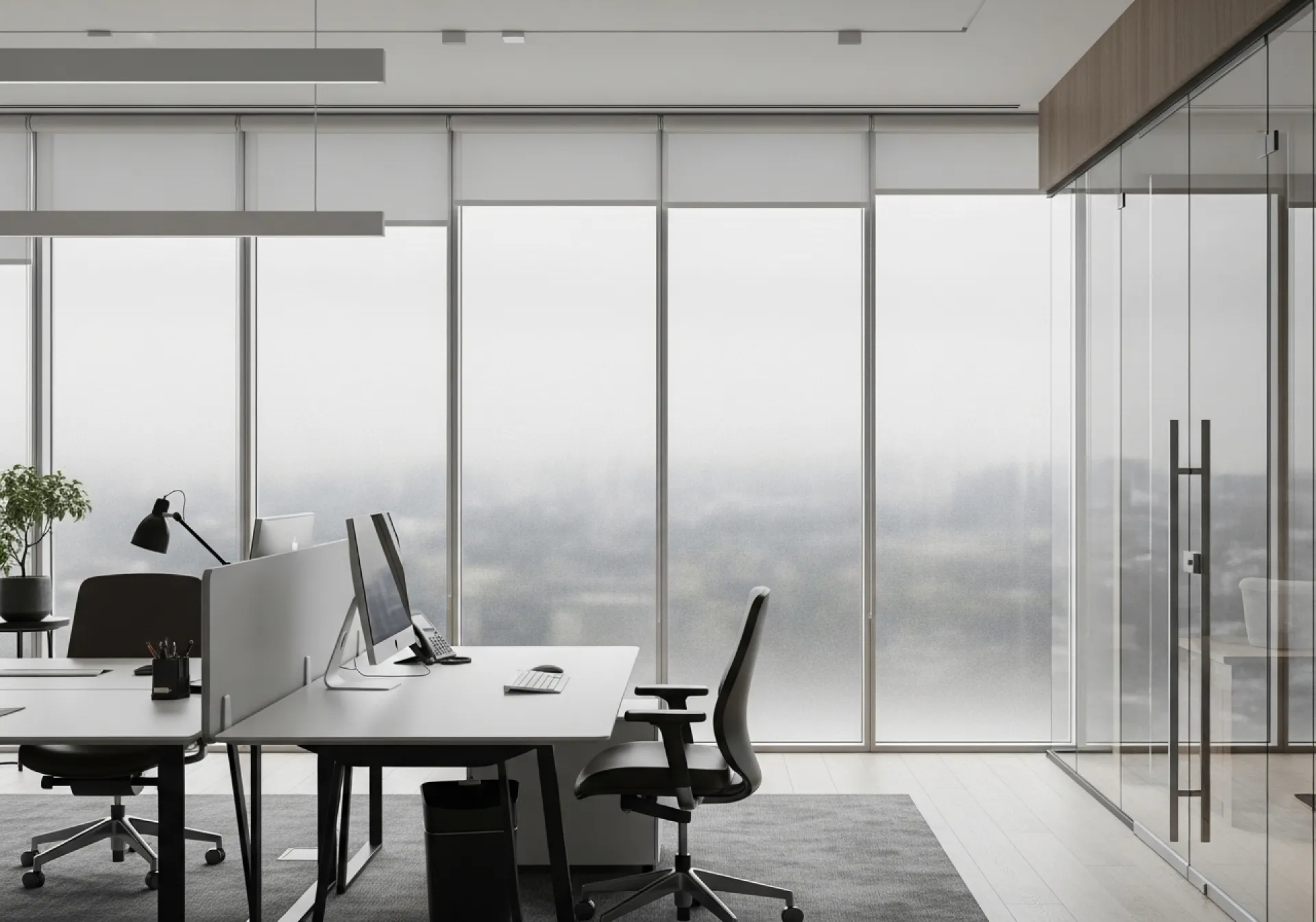 Pose de films intimité et occultants XPEL effet givré sur cloisons vitrées de bureaux modernes à Genève