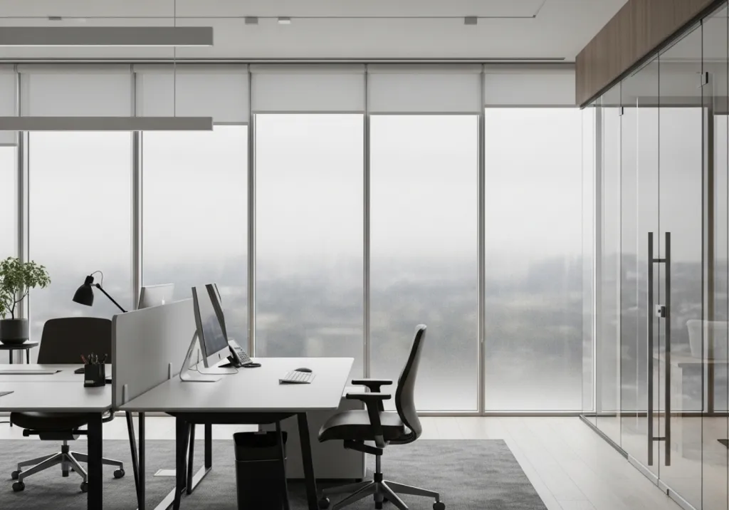 Pose de films intimité et occultants XPEL effet givré sur cloisons vitrées de bureaux modernes à Genève