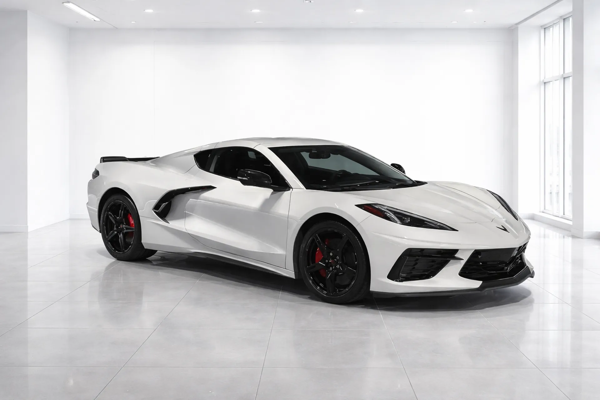 Chevrolet Corvette C8 blanche – face avant sportive en showroom à Bordeaux