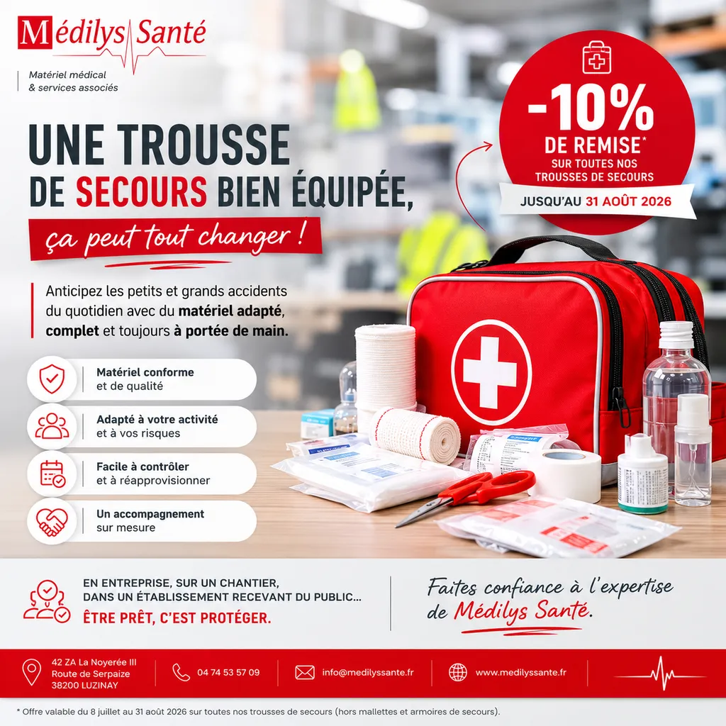 Promotion de 10 % sur les trousses de secours professionnelles jusqu’au 31 août 2026 chez Médilys Santé à Chambéry.