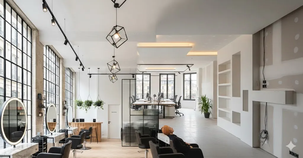 Intérieur d'un salon de coiffure design et moderne à Bordeaux, avec des hauts plafonds, de grandes fenêtres industrielles, des postes de coiffage élégants et un aménagement épuré en bois clair et noir.
