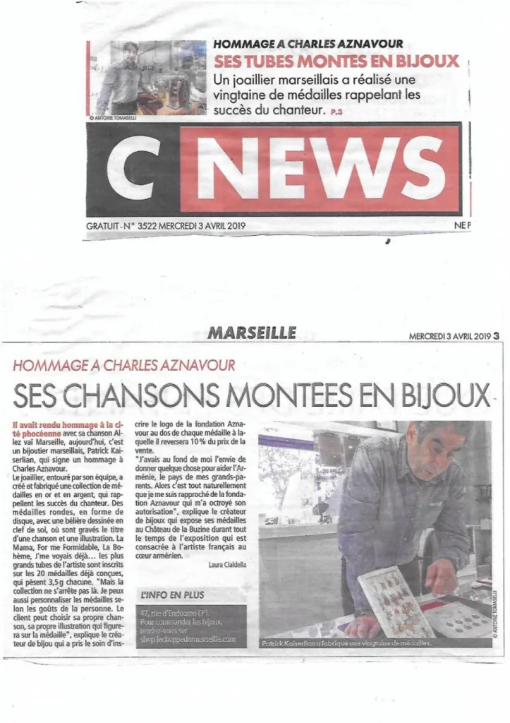 Collection exclusive des médailles dédiées aux chansons d'Aznavour en or 18 carats et en argent.