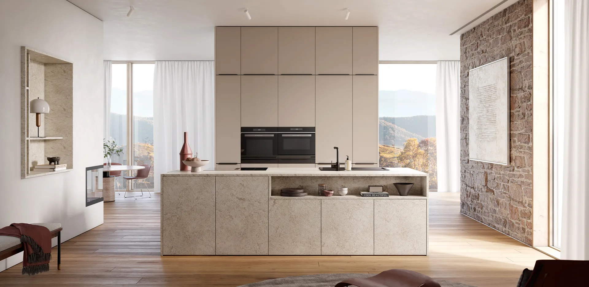 Cuisine au style minimaliste avec des meubles jusqu'au plafond et des teintes douces en Midi Pyrénées 