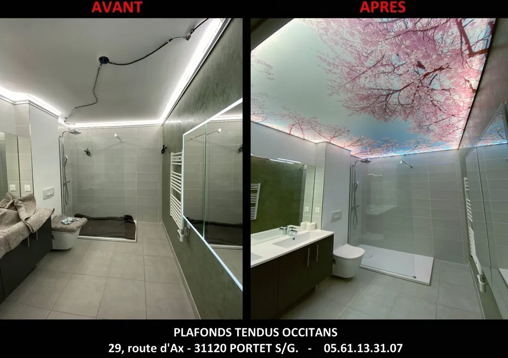 Plafond tendu lumineux imprimée en salle de bains by Plafonds Tendus Occitans