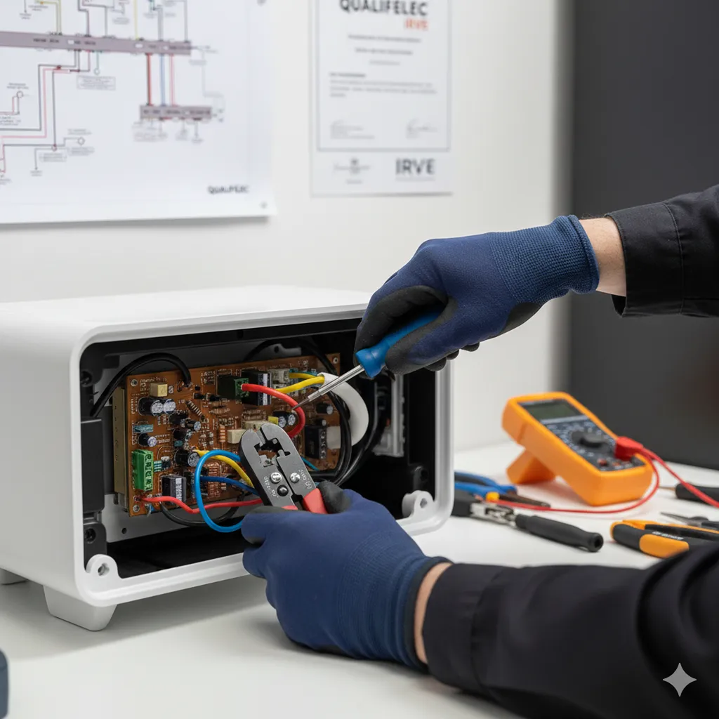 Borne de recharge électrique installée dans un garage moderne, avec une voiture électrique branchée, symbolisant la commodité et l'intégration.