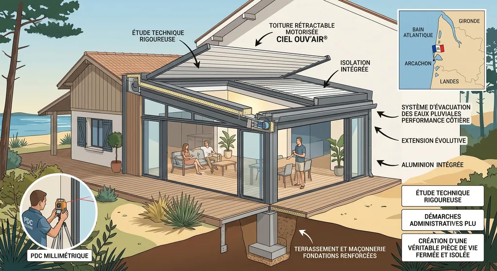 Projet d'extension maison à Arachon avec toiture rétractable motorisée évolutive vers une pièce de vie fermée