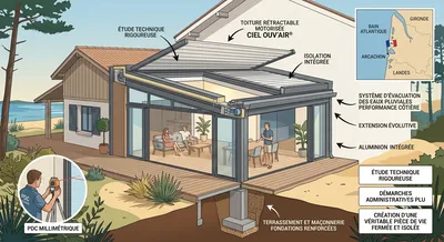 Projet d'extension maison à Arachon avec toiture rétractable motorisée évolutive vers une pièce de vie fermée