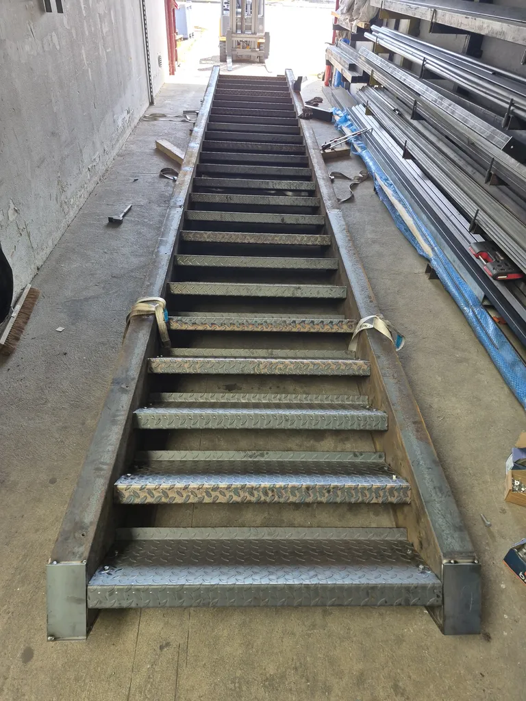 Montage à blanc d’un escalier métallique sur mesure en atelier à Blanquefort
