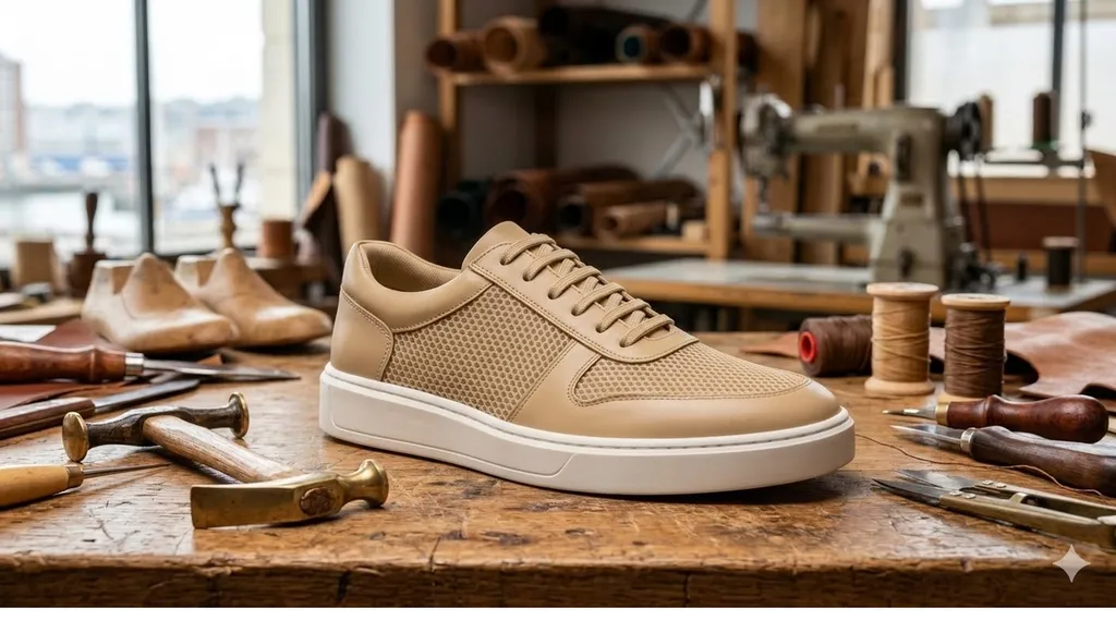 Fabrication de chaussures orthopédiques sur mesure de type basket beige moderne conçue chez Concept-podo au Havre et à Bernay pour le traitement du pied diabétique, de l'hallux valgus et des pathologies morphologiques comme le pied plat ou creux.