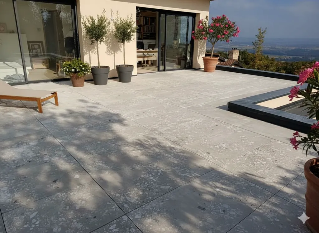 Création de terrasse en béton et carrelage sur plot à Champagne-au-Mont-d'Or avec préparation de sol, dalle armée et finition durable sur mesure