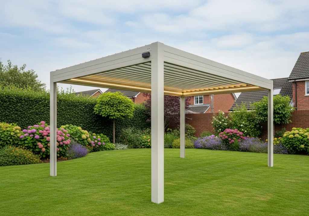 Pergola en aluminium autoportée avec capteur de pluie et éclairage LED installée à Agde dans l'Hérault 34300