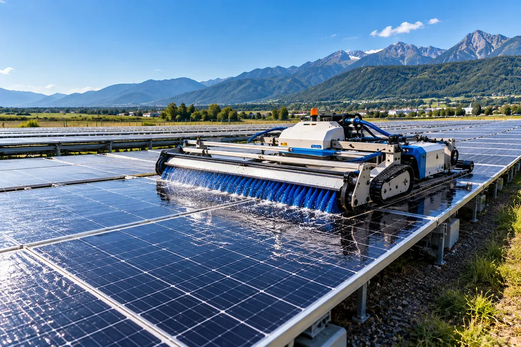 Nettoyage de centrales photovoltaïques au sol en France avec robot adapté aux grandes surfaces et longues rangées de panneaux