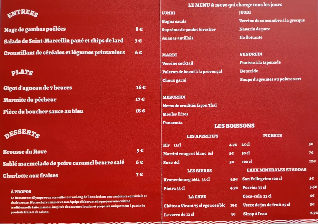 Carte de restaurant l'Olympe de avril à fin mai