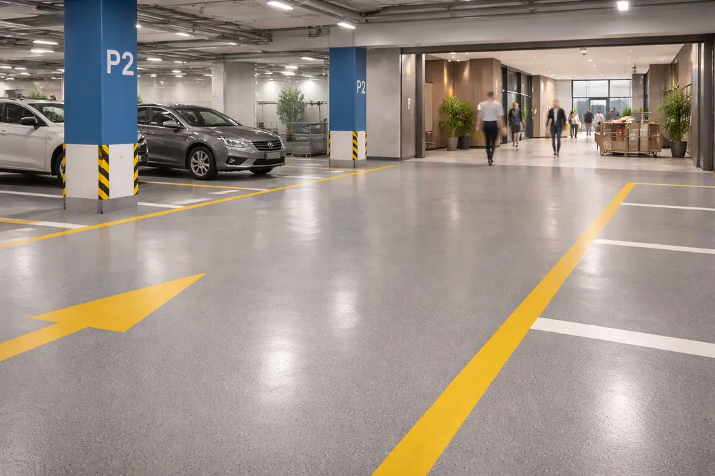 Application de résine de sol professionnelle pour commerces, ERP et parkings à Besançon dans le Doubs