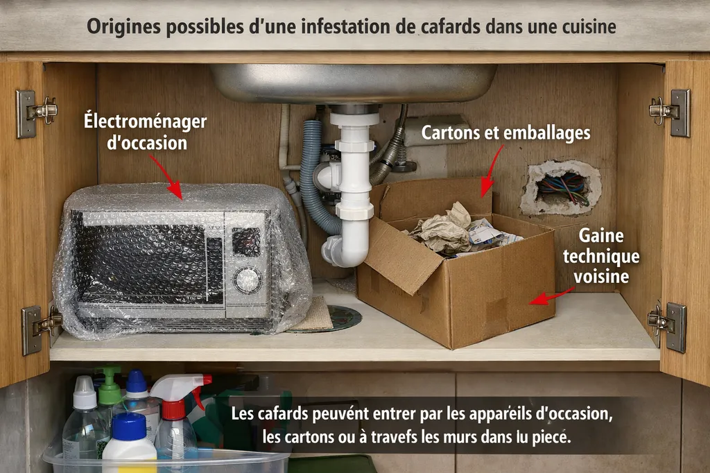 Origines fréquentes d’une infestation de cafards dans une cuisine : les blattes peuvent être introduites par l’achat d’électroménager d’occasion, des cartons ou provenir des gaines techniques et des logements voisins.