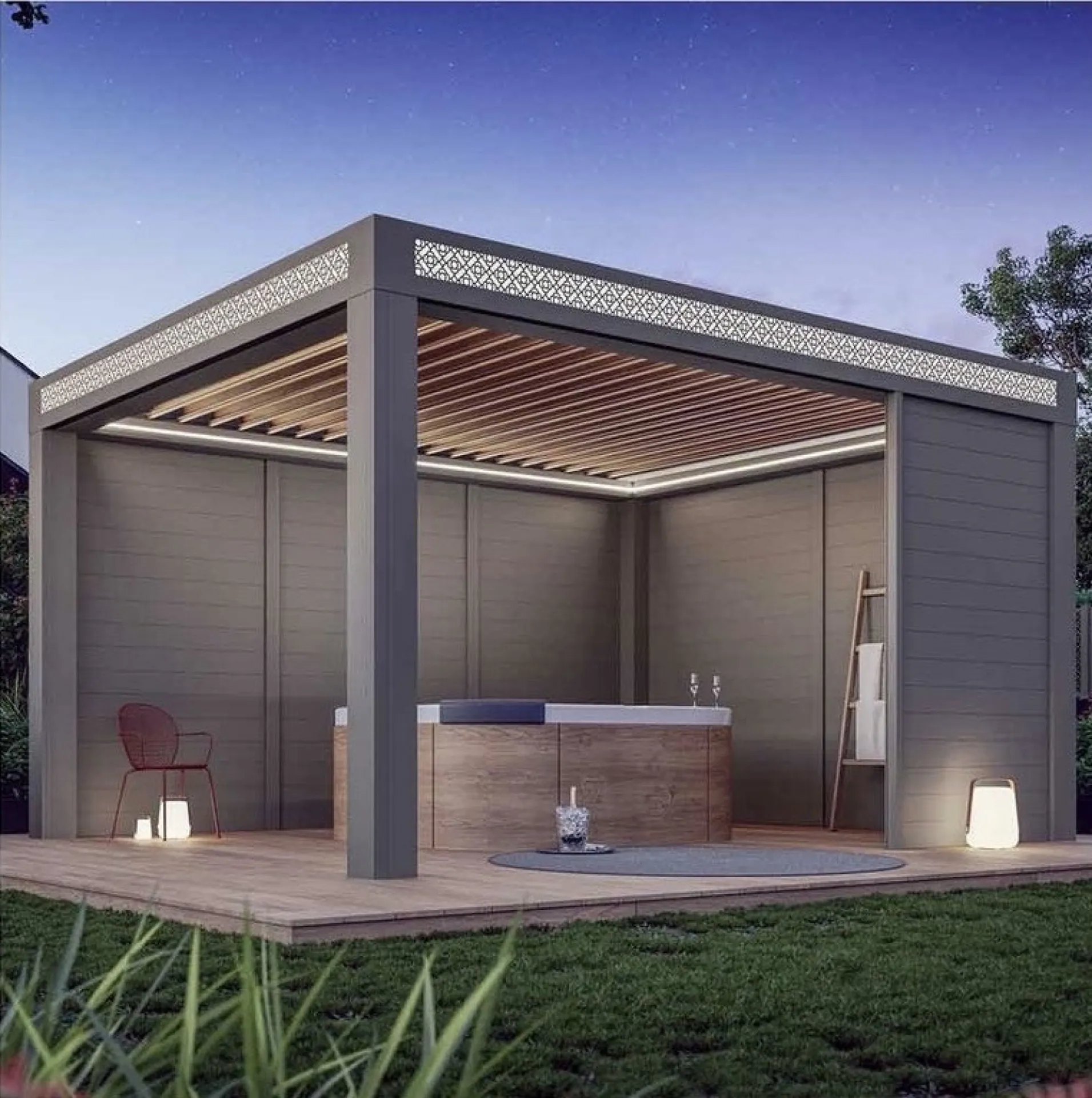 Pergola bioclimatique haut de gamme grise avec toit couleur bois