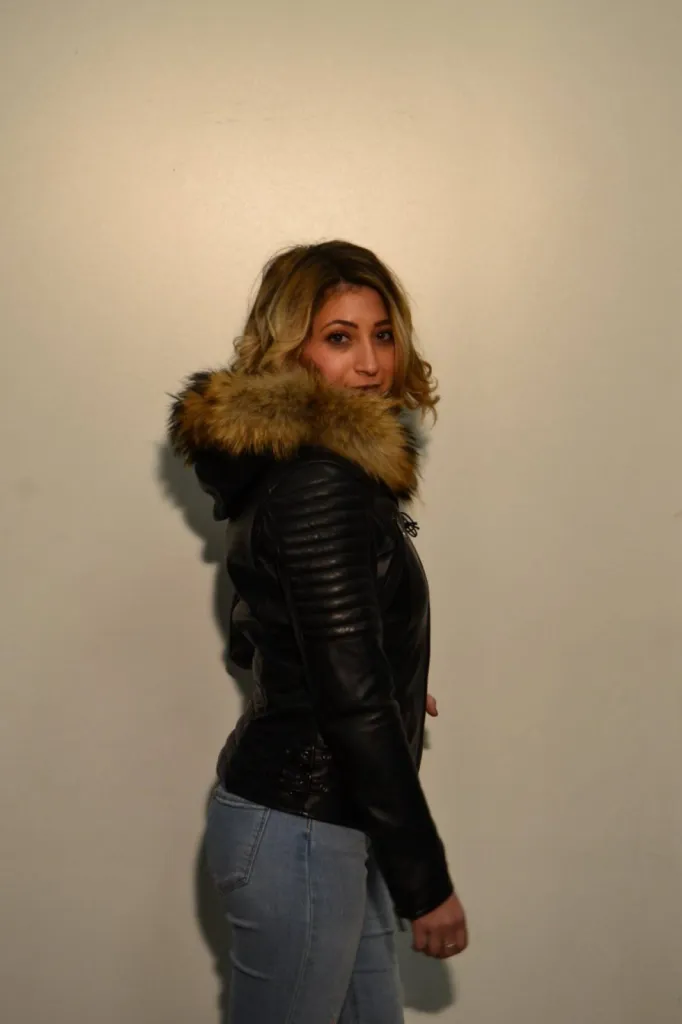 blouson cuir noir capuche femme