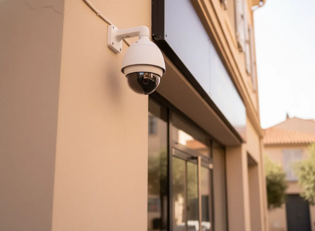 Caméra de vidéosurveillance professionnelle installée sur la façade d’une entreprise à Toulon avec pose discrète et câblage intégré²