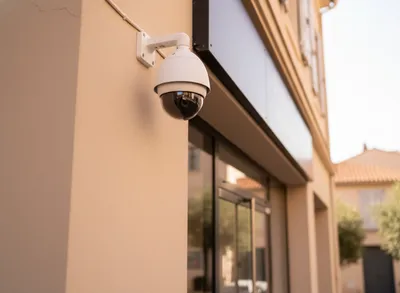 Caméra de vidéosurveillance professionnelle installée sur la façade d’une entreprise à Toulon avec pose discrète et câblage intégré²