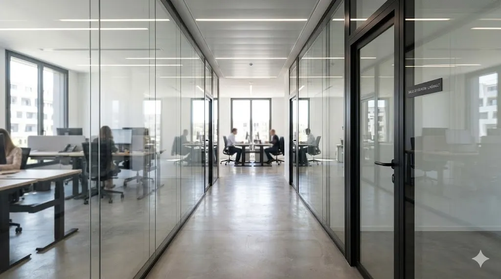 Pose de cloisons techniques amovibles en aluminium et verre pour bureaux professionnels en zone aéroportuaire Mauguio