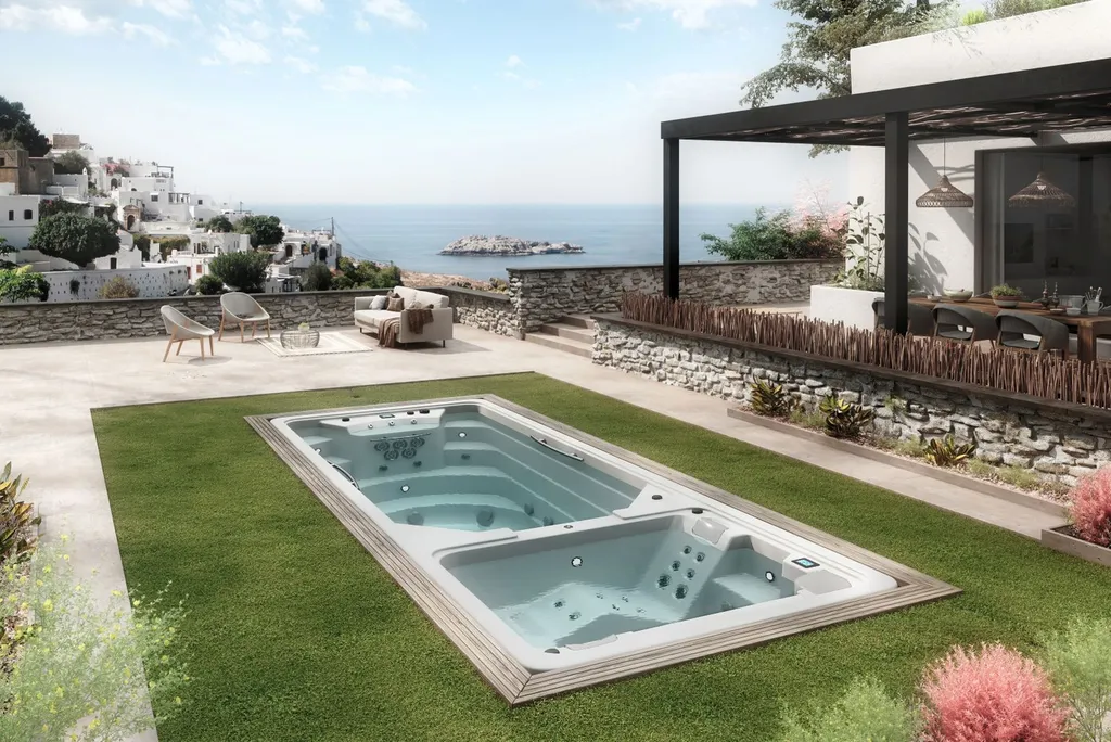 Spa de nage Aquavia pour entraînement aquatique et détente, installé sur le Bassin d’Arcachon.