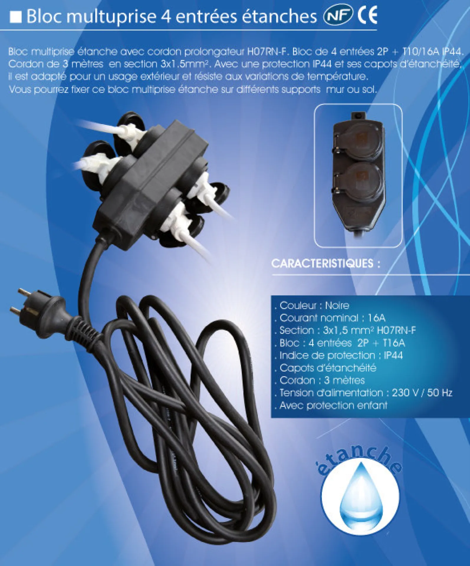 MULTIPRISE ETANCHE 2.5 MM2 4 PRISES