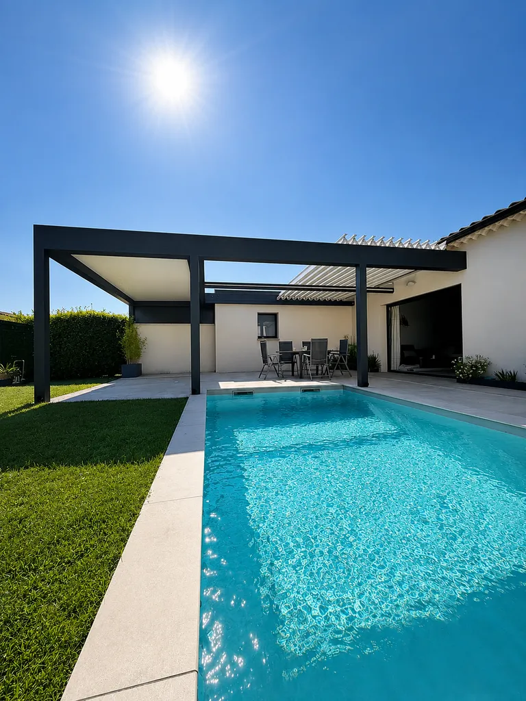 Pergola rétractable Ciel Ouv'air avec partie fixe piscine pour cuisine d'été Antibes