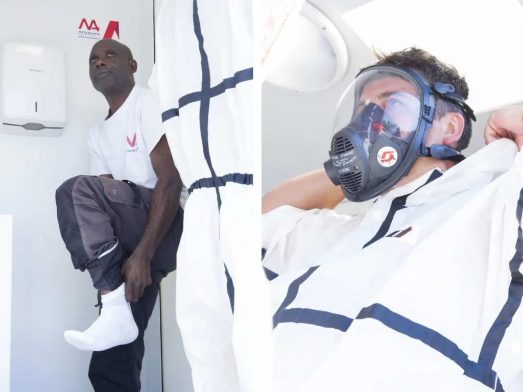 photographe chantier BTP vêtements à usage unique, mise en place de l'appareil respiratoire