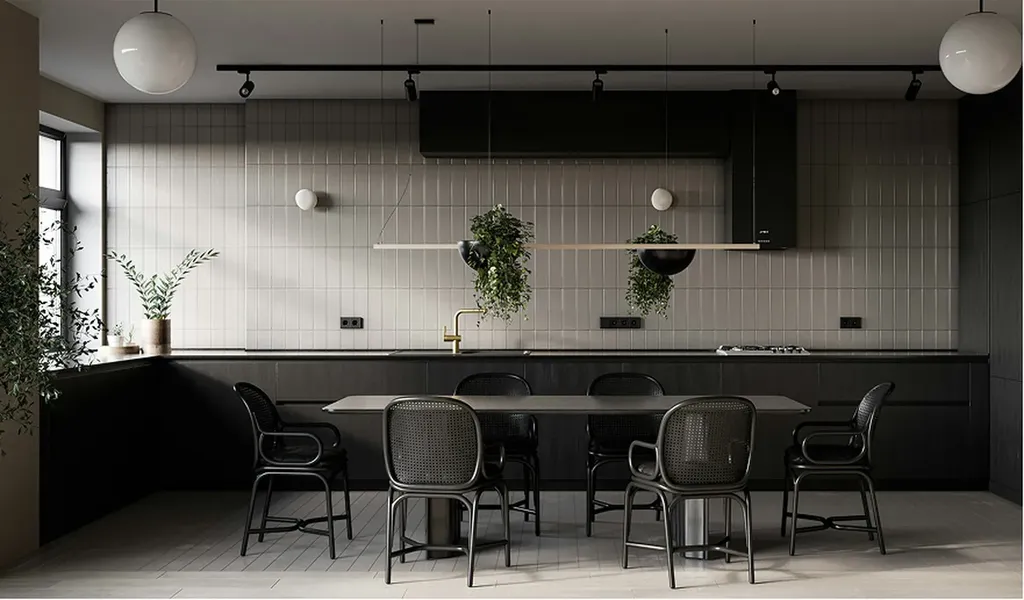 Réalisation d'une cuisine moderne équipée dans les tons noir et blanc avec pose d'une crédence style zélige 