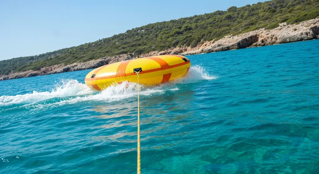 Bouée tractée gonflable jaune et orange sur les eaux bleues de la Méditerranée, près de Bandol