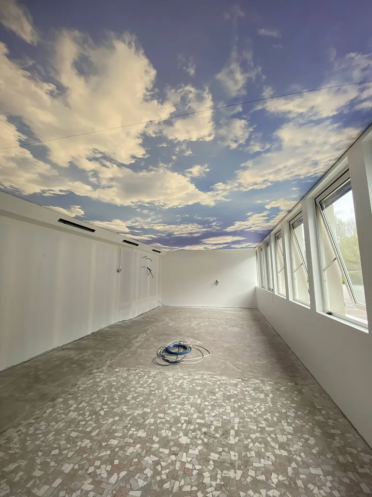 Salle de réunion : Pose d'un plafond tendu imprimé ciel nuageux acoustique, chez SAFRAN à Tarbes - Plafonds Tendus Occitans Toulouse