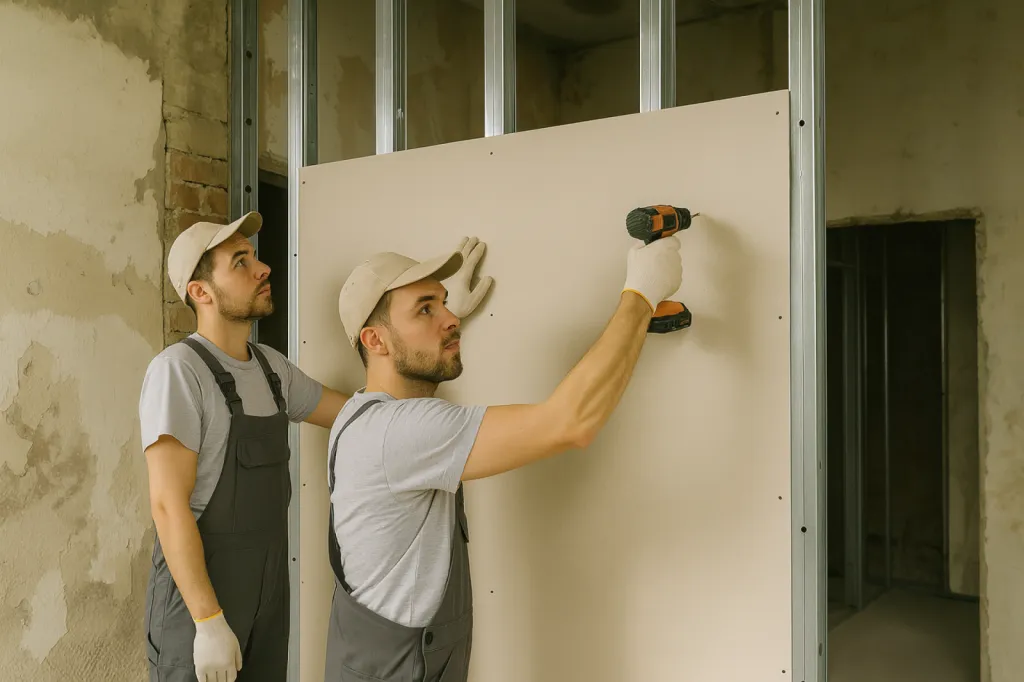 Plaquiste à Bordeaux posant une plaque de plâtre BA13 dans un appartement en rénovation