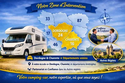 Horde d’Or intervient sur toute la Dordogne, la Charente et les départements voisins pour accompagner vendeurs et acheteurs de camping-cars. Expertise terrain, déplacements rapides et présence locale renforcée dans toute la Nouvelle-Aquitaine