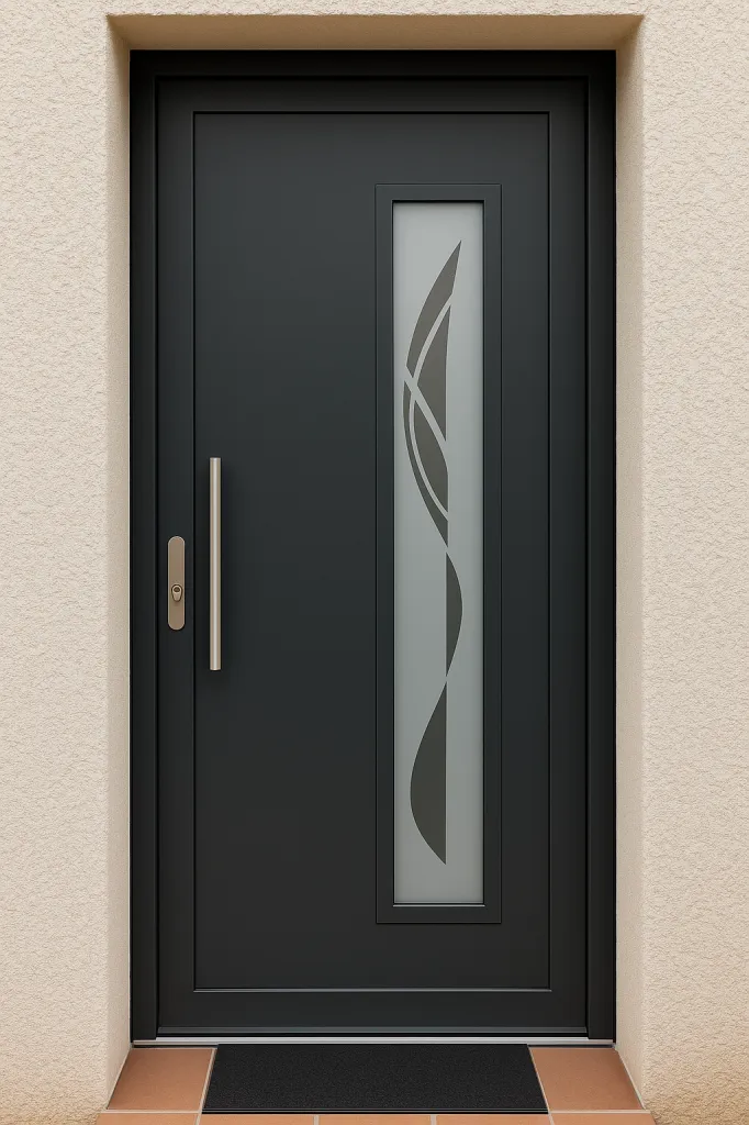 Porte d’entrée en aluminium avec panneau décoratif et verrouillage multipoints à Balaruc-les-Bains dans l’Hérault 34540