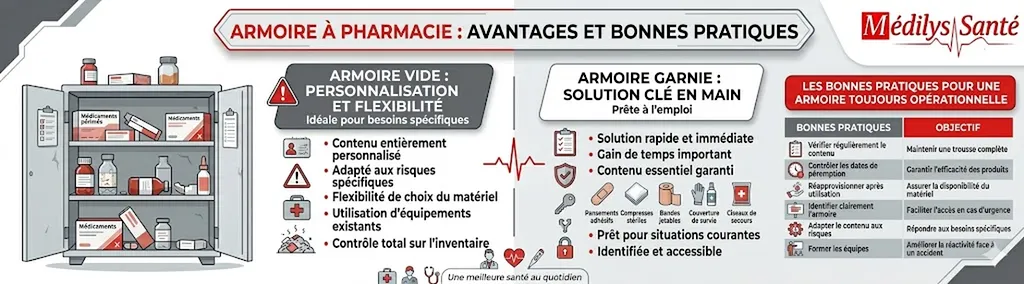 Armoire à pharmacie garnie avec matériel complet de premiers secours à Amiens