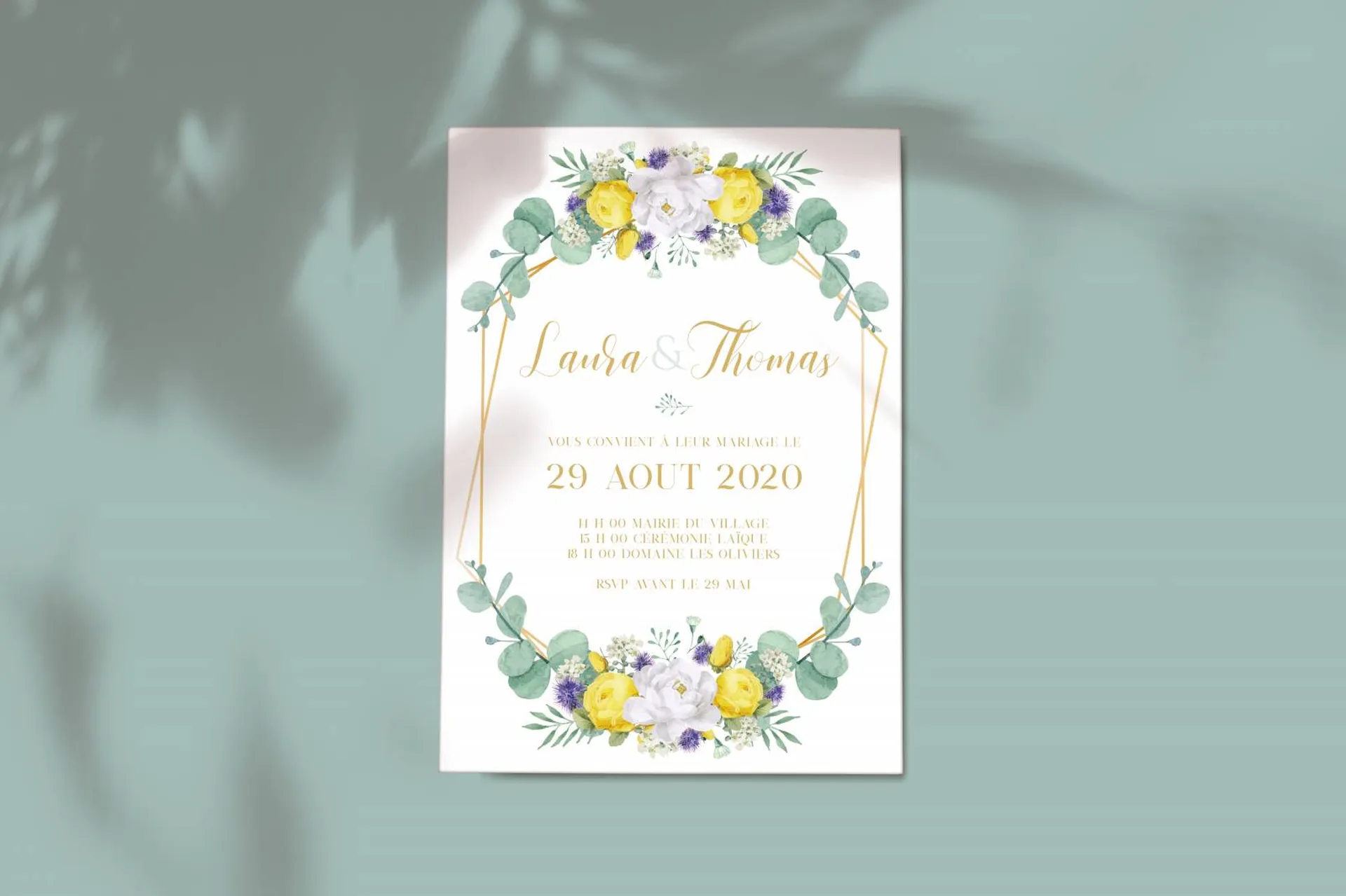 faire part mariage fleur jaune et bleue  