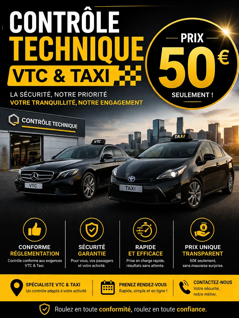 Profitez Contrôle Technique Professionnel VTC & Taxi — 50 € pour tous type de véhicule