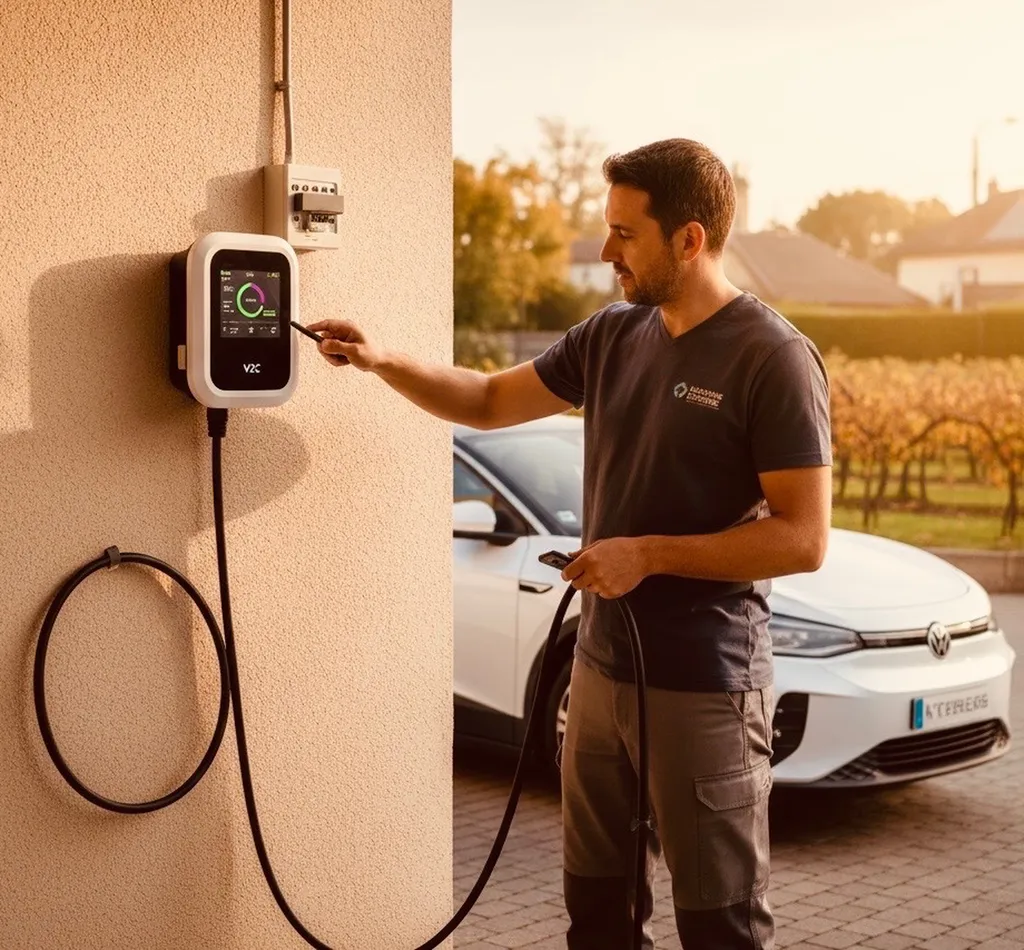 En Gironde 33 et Nouvelle-Aquitaine 33/40/16/17/47, installation de bornes de recharge V2C Trydan en monophasé 7,4 kW ou triphasé 11 kW et 22 kW pour véhicules électriques.