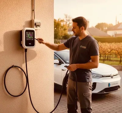 En Gironde 33 et Nouvelle-Aquitaine 33/40/16/17/47, installation de bornes de recharge V2C Trydan en monophasé 7,4 kW ou triphasé 11 kW et 22 kW pour véhicules électriques.