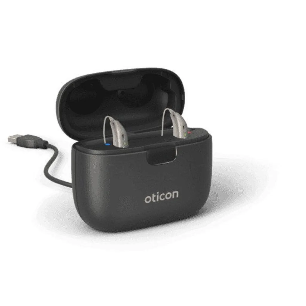 Oticon SmartCharger miniRITE R : chargeur portable avec batterie intégrée et boîtier protecteur pour aides auditives rechargeables
