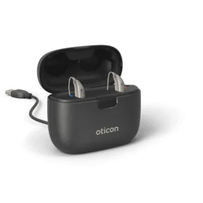 Oticon SmartCharger miniRITE R : chargeur portable avec batterie intégrée et boîtier protecteur pour aides auditives rechargeables