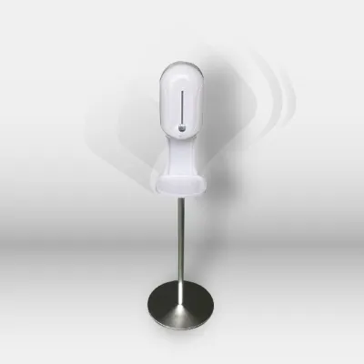 Distributeur automatique de gel hydroalcoolique sans contact sur pied installé à l’entrée d’une entreprise à Mont-de-Marsan, Landes (40), Nouvelle-Aquitaine et disponible partout en France