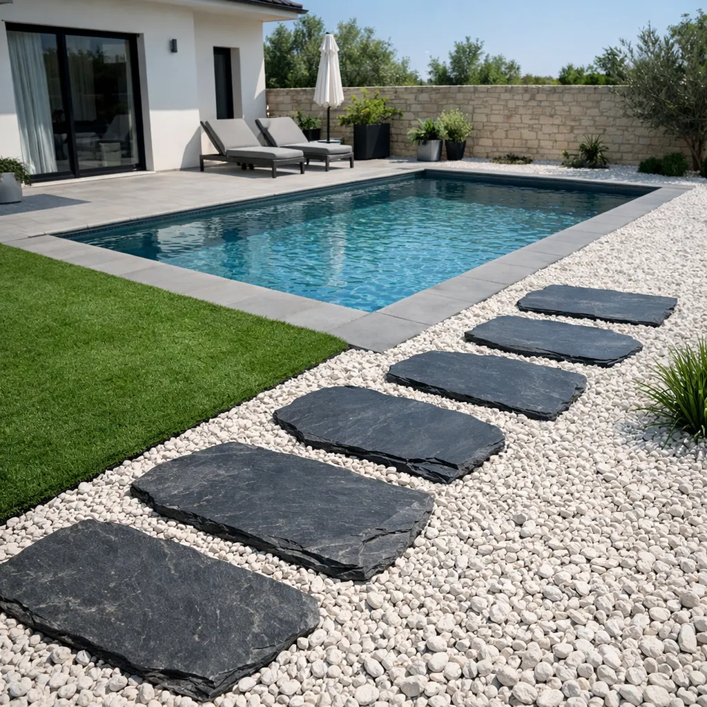 Aménagement extérieur autour de piscine à Mudaison dans l’Hérault : gazon synthétique, pas japonais en schiste et jardin minéral sans entretien