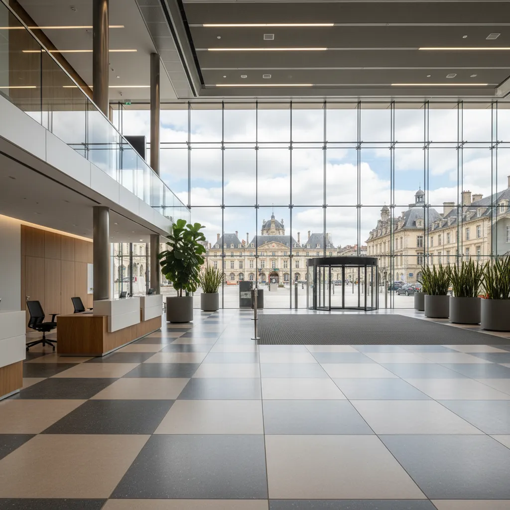 Sols techniques pour halls d’entrée ouverts au public à Dijon : revêtements professionnels pour bureaux, sièges sociaux et espaces tertiaires à fort passage