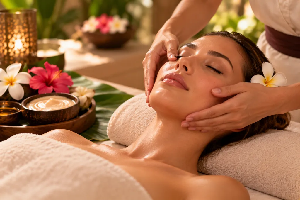 Femme recevant un massage du visage dans une ambiance balinaise avec fleurs tropicales, illustration du soin Fleurs de Bali Coup d’Éclat à Pertuis.