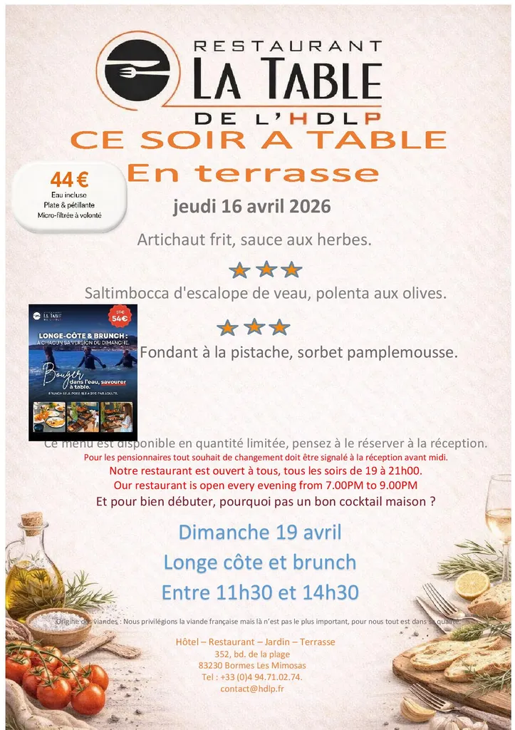 Menu du soir à LA Table de L'HDLP de Bormes Les Mimosas