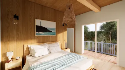 Chambre rénovée esprit surf house chic dans une maison de vacances à Hossegor